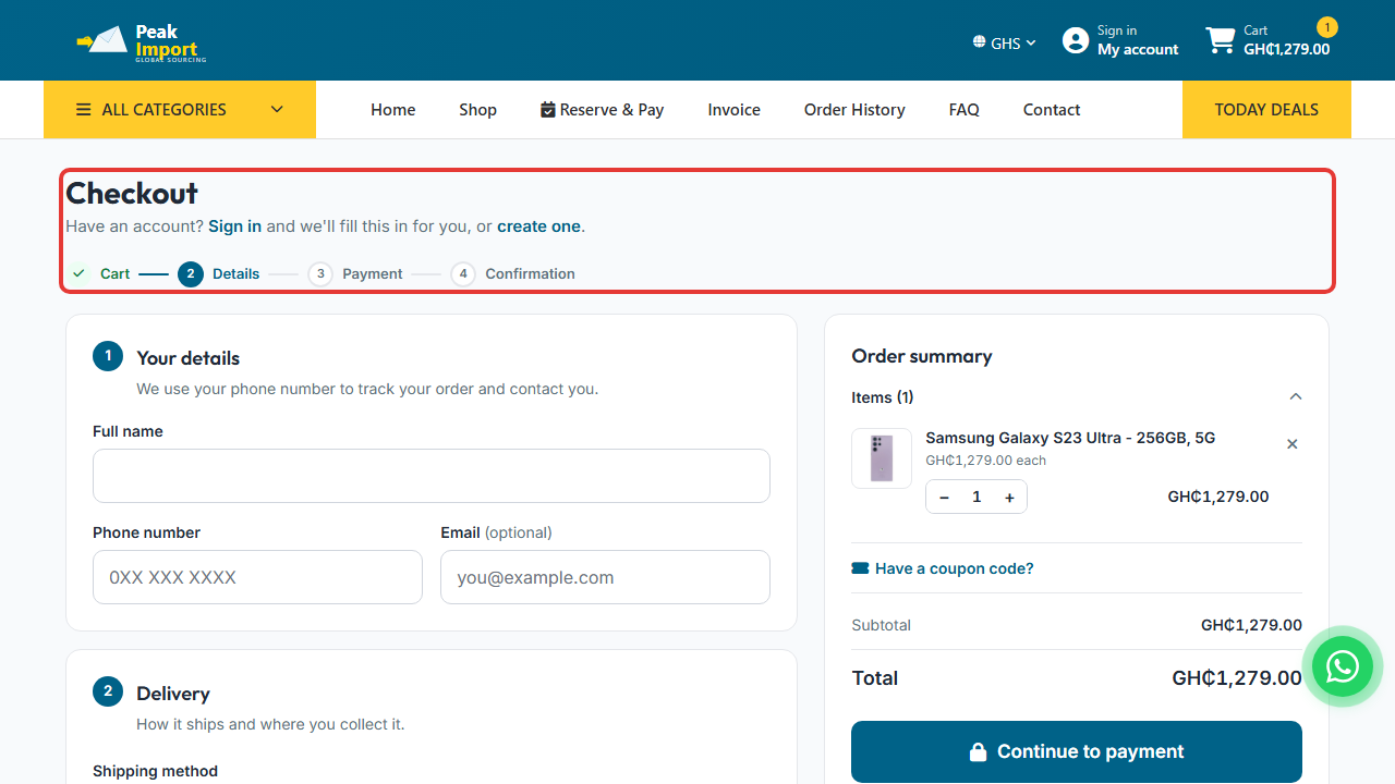 The checkout page