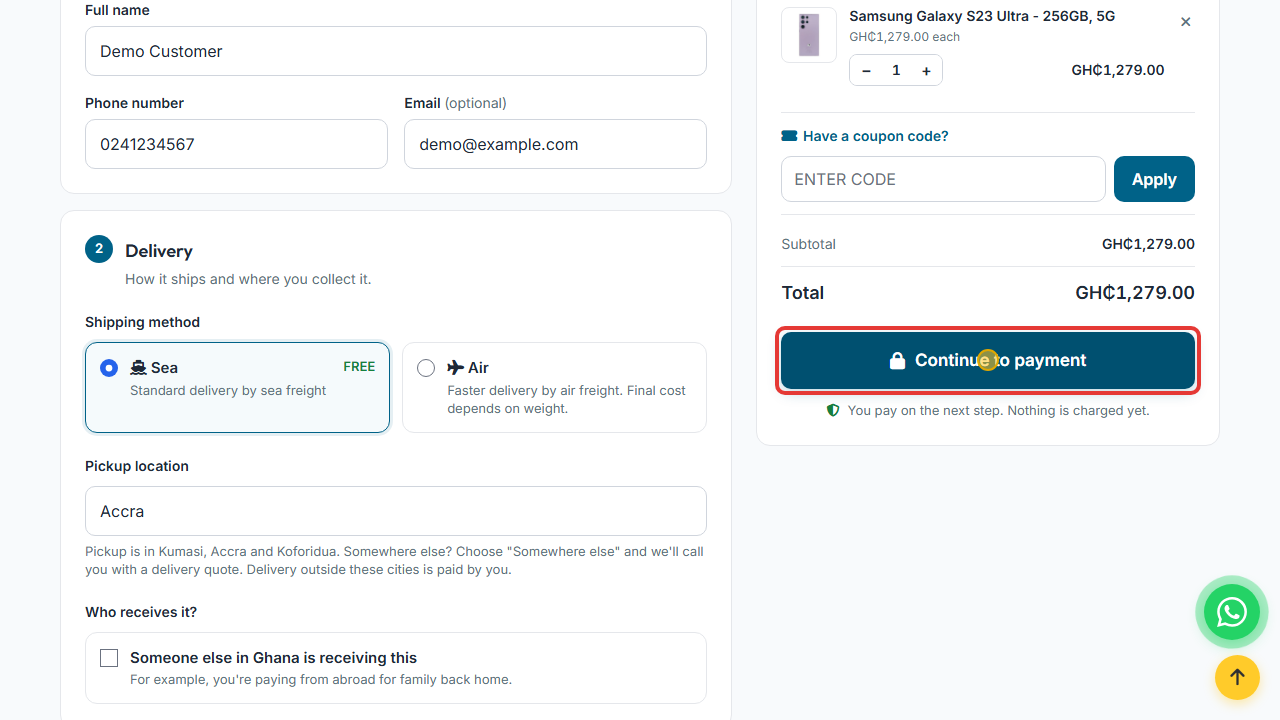 The Continue to payment button