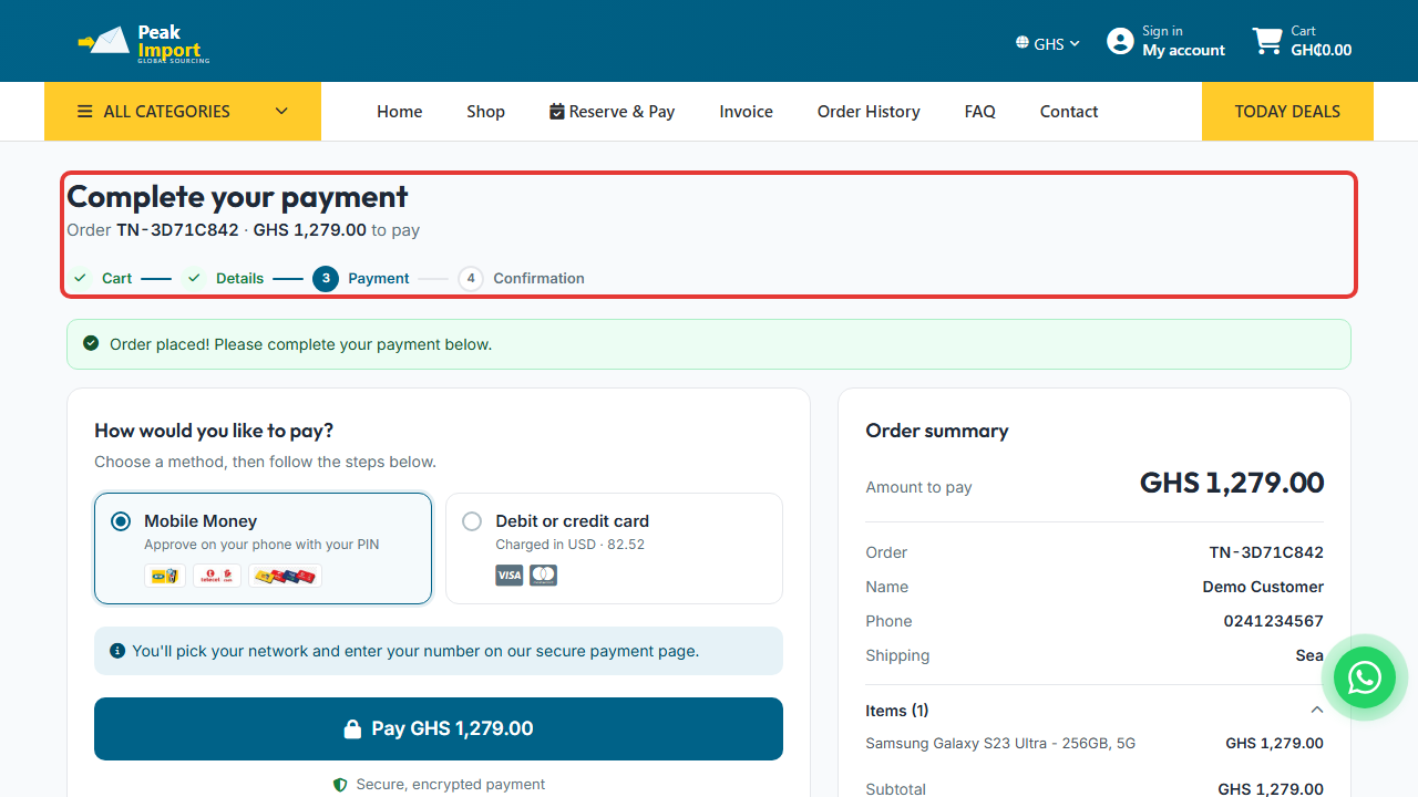 The order number on the payment page