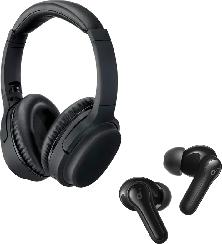 Black over-ear wireless headphones and wireless earbuds
