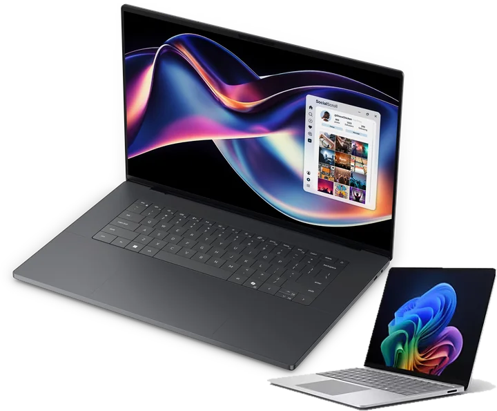 A graphite Dell 16 laptop and a silver Surface Laptop