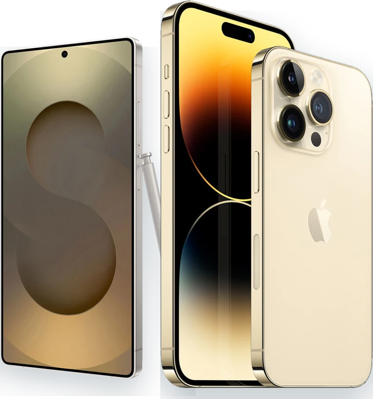 Samsung Galaxy Ultra with S Pen and iPhone 14 Pro in gold